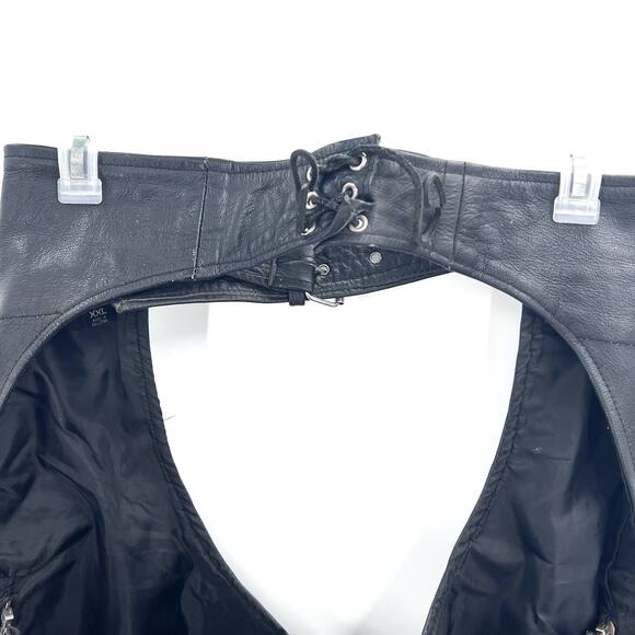 Vintage Zip & Snap Leg Black Genuine Leather Motorcycle Chaps USA Mens XXL - Picture 8 of 9